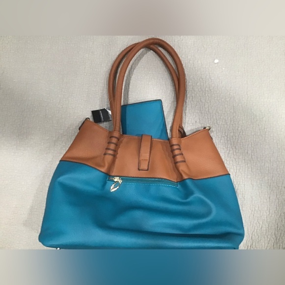 NWT Black Rivet 3-in-1 Handbag Shoulder Tote Zipper Carry-All Turquoise & Brown - Picture 10 of 11